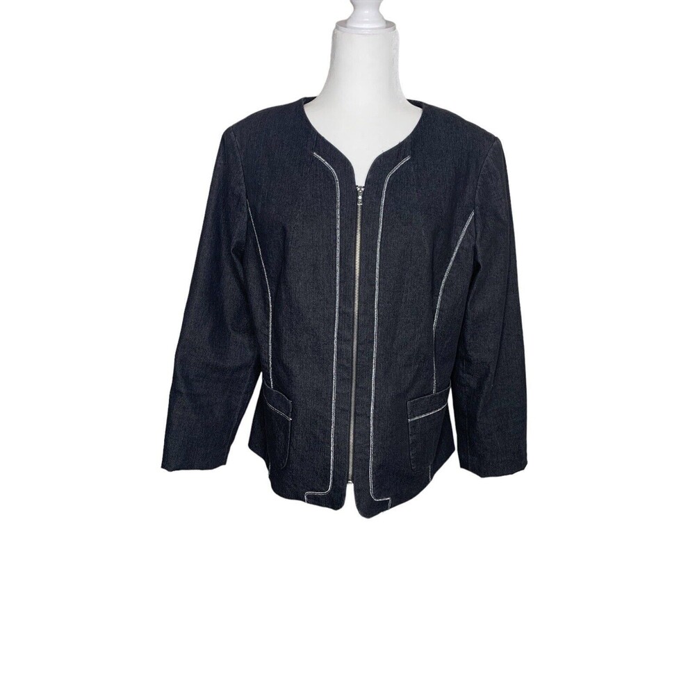 Focus 2000 Blazer Woman Soft Denim Casual Career Formal Open Front Size 16 Black